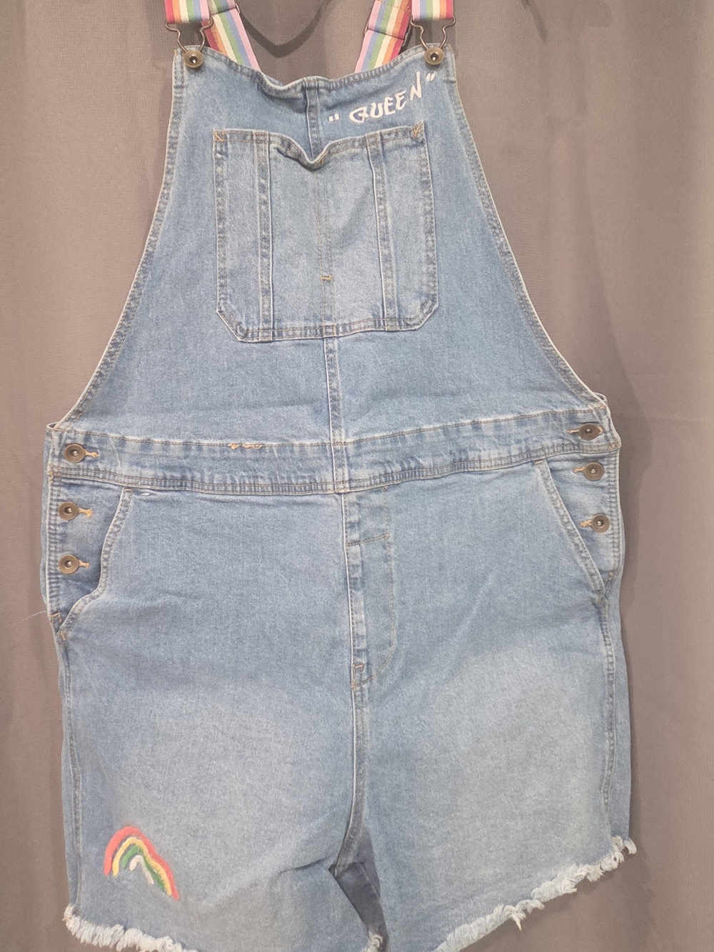 Target Light Blue Denim Short Overalls with Rainbow Straps